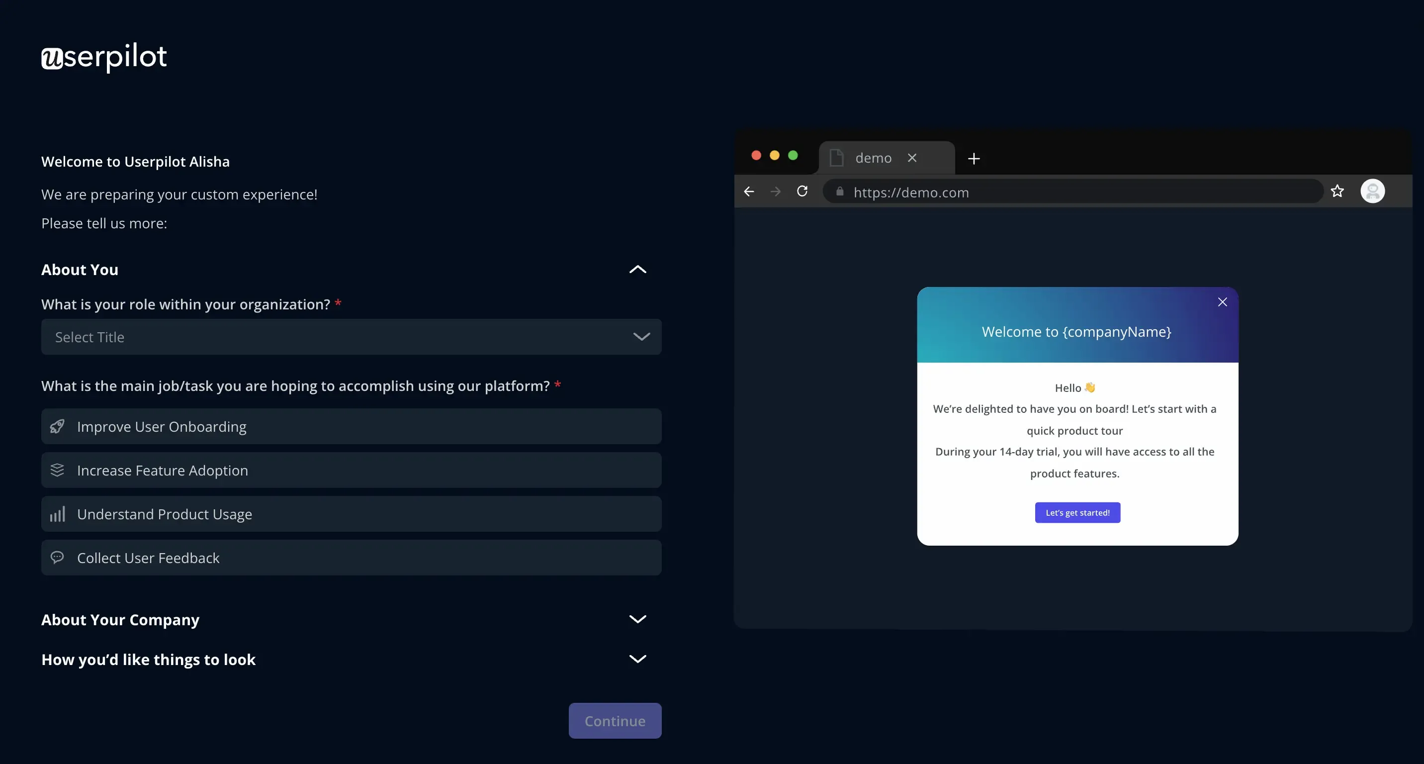 User Pilot Onboarding | Tenet
